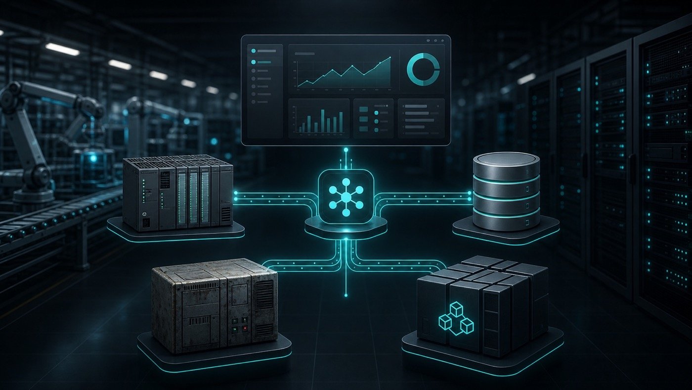 Generic visual of industrial software integration with PLCs and legacy systems
